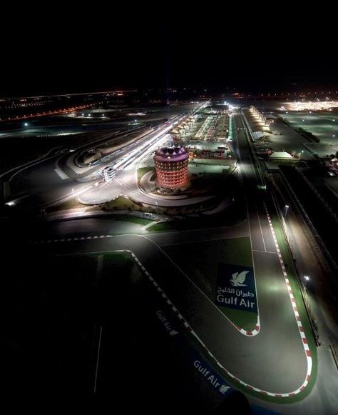 Aerial night view of Bahrain International Circuit (BIC).  Photographed by Jasim Al Bastaki Bahrain International Circuit, Bahrain Circuit, Bahrain Grand Prix, Night View, Bahrain, Grand Prix, Circuit, Fair Grounds, Fan