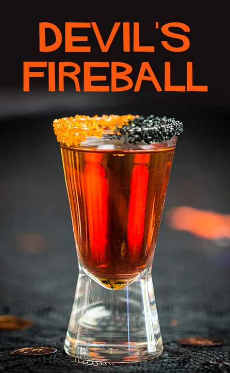 Fireball Halloween Drinks, Alcholic Halloween Drinks, Mixed Drinks Alcoholic Halloween, Halloween Shots Alcohol, Halloween Alcoholic Drinks, Fireball Cocktails, Halloween Alcohol, Halloween Shots, Halloween Party Drinks