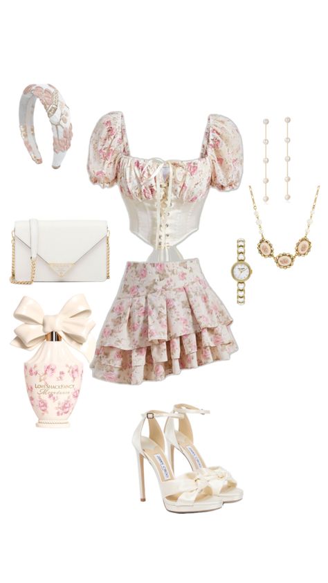 Coquette,OOTD,floral,top,skirt,plaided,heels,watch,earrings,bag,gold,perfume,love shake Coquette Fashion Outfit, Hyperfeminine Outfit, Princesscore Outfits, Dollette Outfits, Aesthetic Outfits Coquette, Coquette Wardrobe, Outfit Inspo Coquette, Princess Aesthetic Outfits, Coquette Clothes