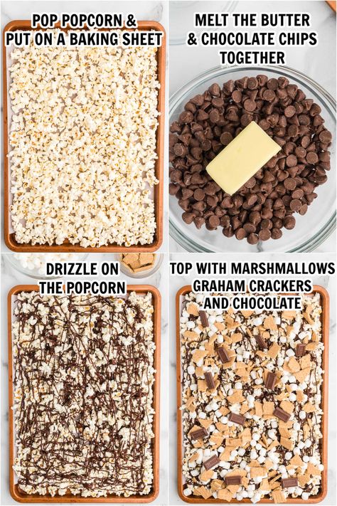 Popcorn Bake Sale Ideas, S’more Popcorn, S’more Night Ideas, S’mores Popcorn, Smores Snack Mix Recipe, Banana Pudding Popcorn, Popcorn Trail Mix Recipes, Sweet Popcorn Recipes Easy, Recipes With Popcorn