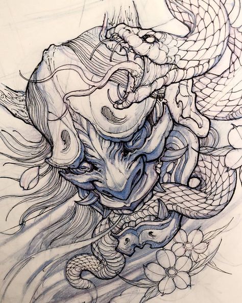 Hanya Mask Sketch by: @davidhoangtattoo Snack Tattoo, Composition Tattoo, Japanese Demon, Tattoo Snake, Japanese Tattoos, Irezumi Tattoos, Asian Tattoos, Japanese Sleeve Tattoos, Japan Tattoo