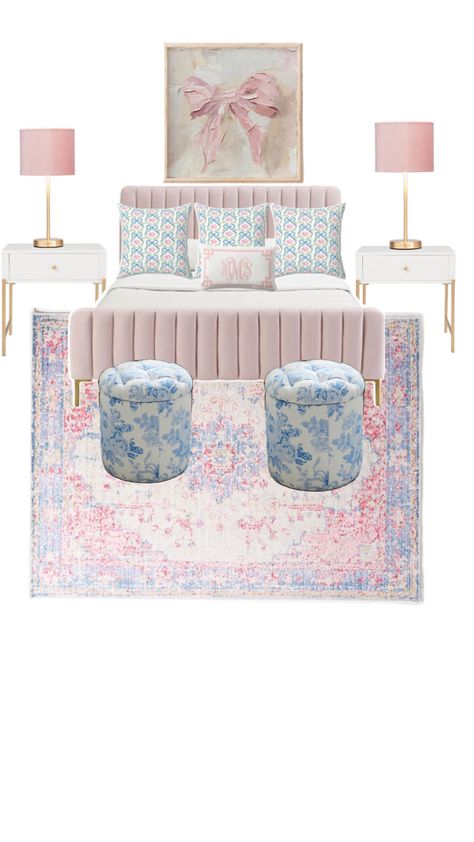 Love Shack Fancy Bedroom Ideas, Blue Love Shack Fancy Bedroom, Love Shack Fancy Inspired Bedroom, Light Pink And Blue Room, Pink Blue And White Bedroom, Room Inspo 2024, Aesthetic Room Ideas Pink, Blue And Pink Room Aesthetic, Love Shack Fancy Room