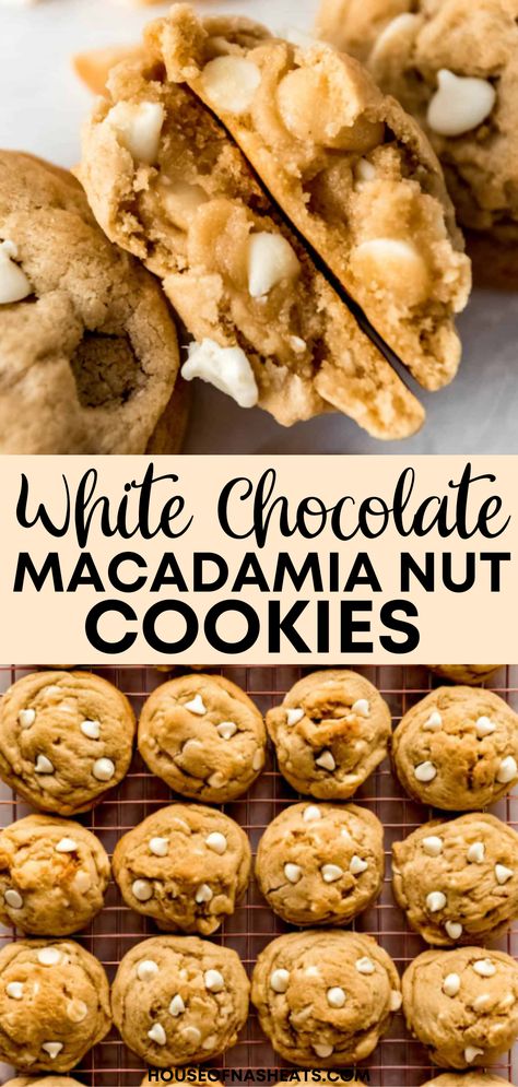 These buttery, soft, chewy cookies are studded with smooth, creamy white chocolate and roasted macadamia nuts for a bit of extra texture. Full of flavor, these bakery-style White Chocolate Macadamia Nut Cookies speak to my soul. | white chocolate macadamia nut cookies recipe | white chocolate macadamia nut cookies easy | best white chocolate macadamia nut cookies recipe | homemade white chocolate macadamia nut cookies recipe | how to make white chocolate macadamia nut cookies White Chocolate Cookies Macadamia, White Choc Chip Macadamia Nut Cookies, White Choc Macadamia Nut Cookies, Macadamia Nut White Chocolate Cookies, Macadamia Chocolate Chip Cookies, White Chocolate Chip Macadamia Nut Cookies Recipe, White Chocolate Macadamia Nut Cookies Brown Butter, Costco White Chocolate Macadamia Nut Cookies, White Chip Macadamia Nut Cookies Recipes