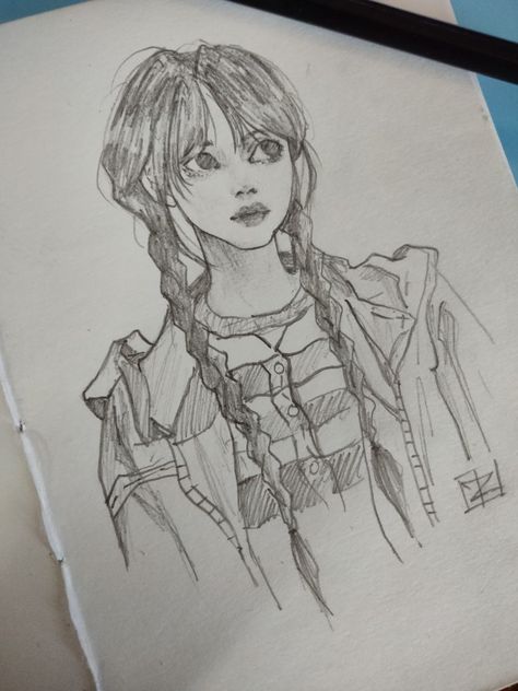 Cute Wednesday Drawing, Jenna Ortega Drawing Sketch, Wednesday Addams Zeichnung, Jenna Ortega Drawing, Wednesday Addams Sketch, Wednesday Sketch, Scary Drawings, Girly Drawings, Kpop Drawings