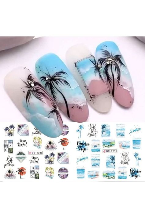 Summer Nail Art Stickers Nail Decals Sea Beach for Summer Party for Nail Art Coconut Tree Water Transfer Slider Decals Nail Foils Decorations Nail Supplies for Women for Nail Art 12 Sheet Coconut Tree Nail Art, Palm Tree Nail Art, Pattern Nail Art, Tree Nail Art, Palm Tree Nails, Beach Nail Designs, Nail Vinyls, Tree Nails, Trendy Nail Art Designs