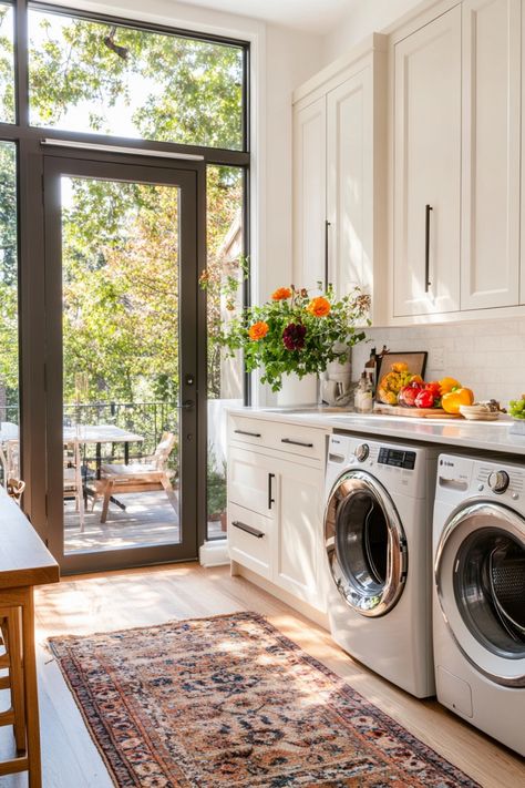 Get some tips and ideas on how to design a small laundry room if you are limited on space for your washer and dryer. Washer And Dryer In Kitchen Ideas, Top Loading Washer Laundry Room, Awkward Laundry Room Layout, Washer Dryer In Kitchen, Dryer In Kitchen, Stackable Washer And Dryer, Affordable Storage, Laundry Room Layouts, Laundry Essentials