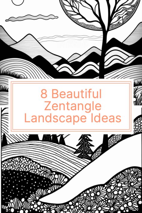 Zentangle Landscape Nature, Zen Patterns Art, Zentangle Mountains Landscapes, Zen Tangle Landscape, Zentangle Landscape Line Drawings, Zentangle Mountains, Zentangle Inspired Art, Beginner Zentangle Patterns Step By Step, Doodles Landscape