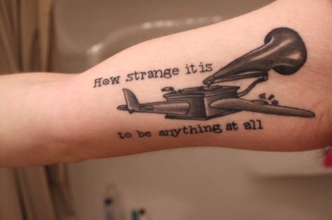 NMH Milk Tattoo, Hotel Tattoo, Generation Tattoo, Aeroplane Over The Sea, Old Typewriter Font, Inner Lip Tattoo, Song Lyric Tattoos, Old Script, Lyrical Quotes