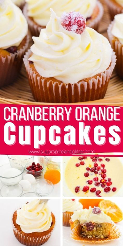 How to make cranberry orange cupcakes with orange buttercream frosting and sugared cranberry garnish. These punchy Christmas cupcakes are a refreshing alternative to chocolate cupcakes to add to your holiday baking list. Cranberry Orange Cupcakes Holidays, Cranberry Buttercream Frosting, Fruit Cake Cupcakes, Orange Cranberry Cupcakes, Cranberry Cupcakes Recipe, Christmas Flavored Cupcakes, Holiday Cupcake Recipes, Christmas Cupcake Flavor Ideas, Punchy Christmas