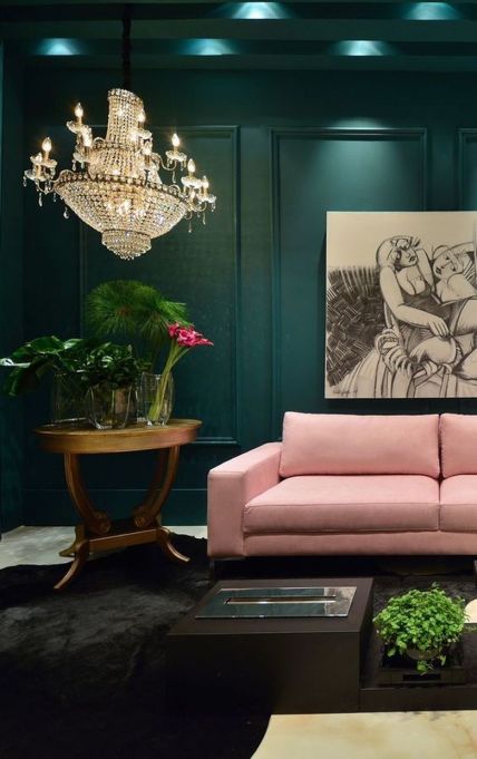 Painted ceiling inspiration: Colorwashed Green Room Rosa Sofa, Dark Green Rooms, Dark Green Living Room, Green Bedroom Design, Dark Green Walls, Simple Interior Design, Room Blue, Pink Living Room, Eclectic Living Room