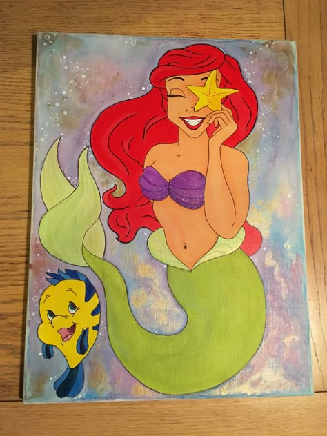 Painting Ideas Mermaid, Ariel Painting, Ariel Painting Easy, Simple Mermaid Painting Ideas, Step By Step Mermaid Painting, Mermaid Painting Easy Canvases, Ariel Canvas Painting, Little Mermaid Painting, Crab Painting