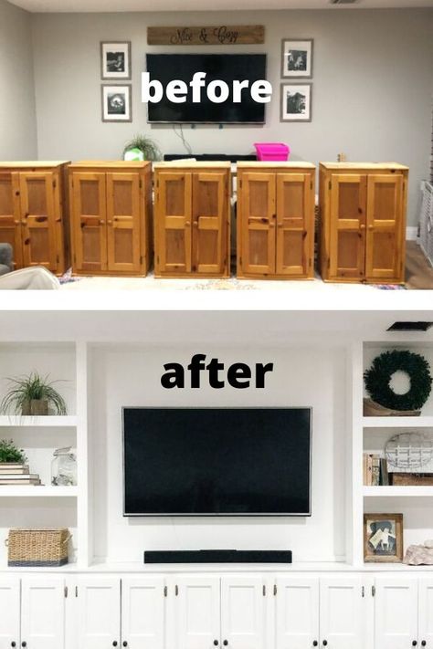 Diy Living Room Storage Ideas, Cabinet Shelves Living Room, Living Room Facelift, Large Cabinet Living Room, Homemade Entertainment Center, Farmhouse Built Ins Living Room, Living Room Makeover On A Budget, Living Room Cabinets Built In, Expensive Looking Living Room