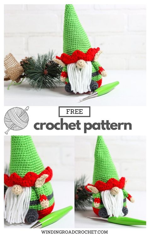 A crochet elf gnome makes a great gift for the holiday season. Free crochet pattern for a cute Christmas gnome with helpful videos. Pattern by Lindsey at Winding Road Crochet. Crochet Gnomes Pattern Free, Winding Road Crochet, Crochet Elf, Elf Gnome, Crochet Store, Gnome Pattern, Confection Au Crochet, Crochet Xmas, Crochet Amigurumi Free Patterns