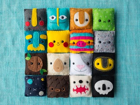 For the 2016 round of The 100 Day Project, San Francisco-based artist Becky Margraf has decided to hand-sew 100 little felt faces over 100 consecutive days, taking inspiration from anything and everything... Felt Crafts Diy, Felt Christmas Decorations, Felt Pattern, Textile Fiber Art, Idul Fitri, Sewing Toys, Felt Diy, Handmade Felt, Felt Toys