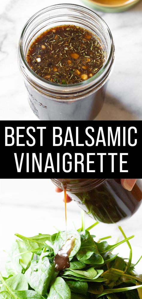 This tangy balsamic vinaigrette takes only 5 minutes to prepare and will make your salads sparkle. Balsamic Vinegarette, White Balsamic Vinaigrette, Balsamic Vinaigrette Recipe, Homemade Balsamic Vinaigrette, Salad With Balsamic Dressing, Delicious Salad Dressings, Maple Balsamic, Balsamic Vinaigrette Dressing, White Balsamic