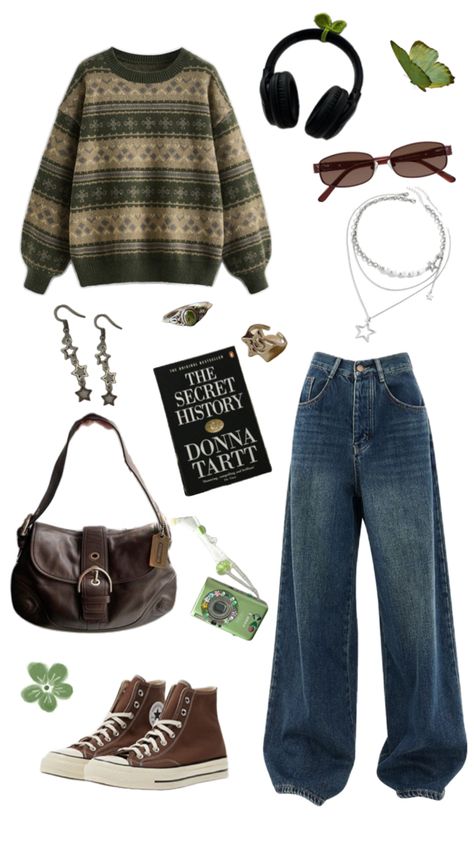 aesthetic sweater, green, brown, fall / autumn aesthetic, downtown girl, grunge, fairy grunge, aesthetic, outfit inspiration 🍂🎧🌱🫶🏻 Grunge Aesthetic Outfits Winter, Green Grunge Outfit, Forest Aesthetic Outfit, Fairy Grunge Aesthetic Outfit, Big Boy Outfits, Grunge Outfits Fall, Aesthetic Downtown Girl, Fall Autumn Aesthetic, Aesthetic Downtown