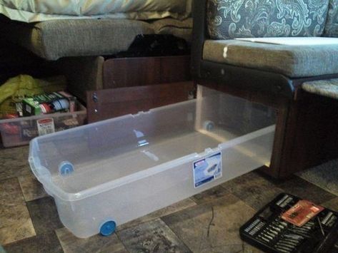 Under bench storage. RV Rangement Caravaning, Camper Storage Ideas Travel Trailers, Travel Trailer Hacks, Camper Organization Travel Trailers, Travel Trailer Organization, Camper Trailer Remodel, Camper Organization, Rv Camping Tips, Camper Hacks