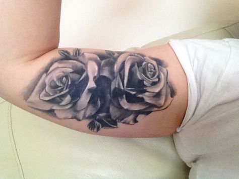 My roses. Inner bicep tattoo Tattoo Cover Up Flowers, Tattoo Inside Bicep, Men Bicep Tattoo, Family Sleeve Tattoo, Inside Bicep Tattoo, Arm Cover Up Tattoos, Forearm Cover Up Tattoos, Tattoo Cover Up Ideas, Cover Up Ideas