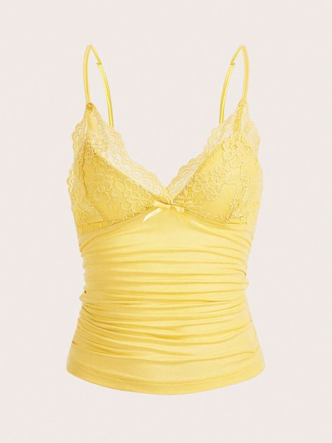 SHEIN ICON Contrast Lace Ruched Cami TopI discovered amazing products on SHEIN.com, come check them out! Yellow Lace Top, Olivia Baker, Neon Outfits, Shein Icon, Yellow Tank Top, Gracie Abrams, Women Tank Tops, Lace Camisole, Yellow Shirts