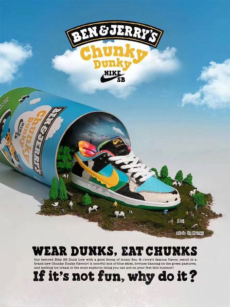 Made in collaboration with Ben & Jerry's, the Nike Dunk Low SB 'Chunky Dunky' replicates the packaging used for the ice cream brand's Chunky Monkey flavor. Posters Typography, Chunky Dunky, Nike Poster, Shoe Poster, Sneaker Posters, Y2k Posters, Poster Typography, Music Poster Design, Vintage Poster Design