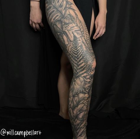 Jungle Shoulder Tattoo, Rainforest Tattoo Sleeve Black, Plant Tattoo Leg Sleeve, Plant Leg Sleeve Tattoo, Leg Fern Tattoo, Nature Themed Leg Sleeve Tattoo, Tropical Plant Tattoo Sleeve, Tropical Leg Tattoo, Pointless Tattoos