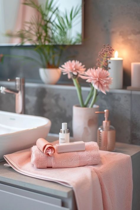 Discover stylish pink and grey bathroom ideas in this inspiring pin. The design showcases elegant combinations, perfect for modern bathrooms using a stunning blend of colors and decor. This pin provides stunning visual examples, featuring one captivating image. Pink Accents Bathroom, Pink Gray And White Bathroom Ideas, Blush And Gray Bathroom, Pink Grey Bathroom, Pink And Grey Bathroom Ideas, Pink And Grey Bathroom, Grey Bathroom Ideas, Pink Apartment, Serene Environment