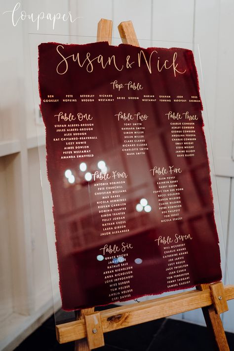 Wedding Sitting Plan, Burgundy Wedding Table, Wedding February, Wedding Table Plans, Calligraphy Wedding Stationery, Breakfast Tables, Autumn Wedding Ideas, Table Signage, Wooden Easel