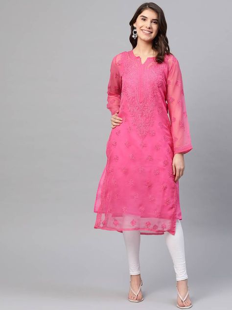 Ada Hand Embroidered Dark Pink Faux Georgette Lucknowi Chikankari Women Kurti with Slip - A130755 - Ada - 2855526 Chikankari Dress, Embroidery Kurti, Chikankari Kurta, Resham Embroidery, Red Kurta, Fall Fashion Skirts, Lucknowi Chikankari, Kurta Dress, Anarkali Kurta