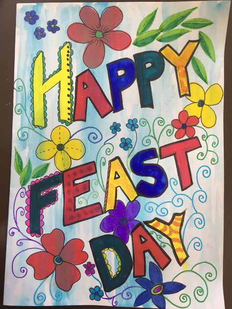 Colourful and full of flowers and doodles Notice Board Decoration Ideas, Notice Board Decoration, Board Decoration Ideas, Happy Feast Day, Happy Feast, Notice Board, Reward Stickers, Board Decoration, Board Ideas