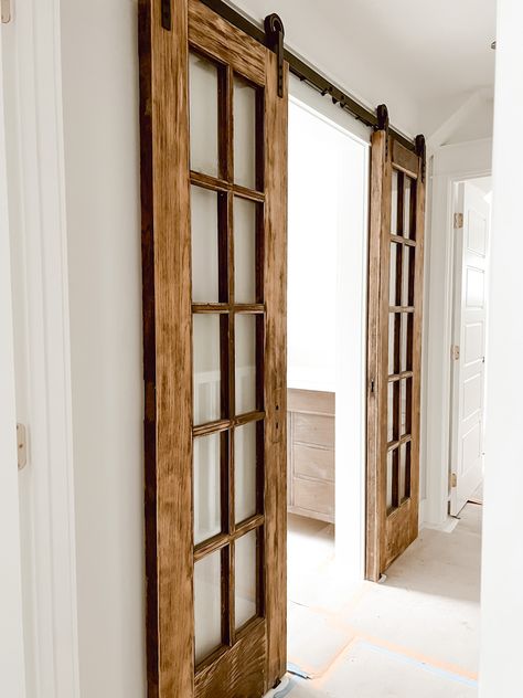 French Doors Bathroom, Sunroom Doors, Slider Door, Wooden French Doors, Basement Renovation, Doors Repurposed, Glass Barn Doors, Barn Door Handles, Glass Panel Door