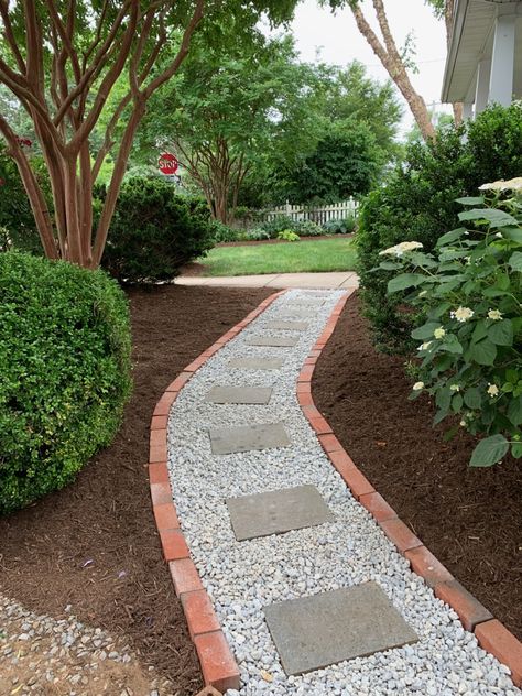 Brick Lined Walkway, Driveway Walkway Ideas, Backyard Walkway Ideas Pathways, Paver Walkway Ideas, Backyard Pathway, Backyard Walkway, Walkway Landscaping, Side Yard Landscaping, Walkways Paths