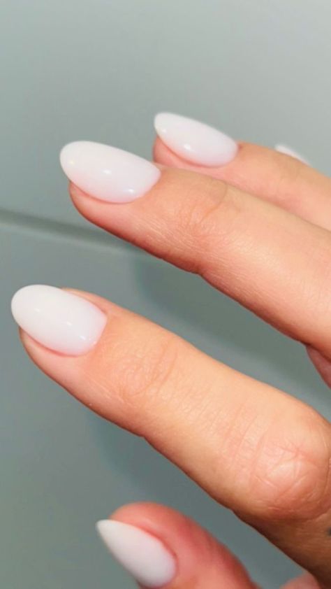 Nails For Single People, White Wash Nails, Soft White Oval Nails, Milky White Oval Acrylic Nails, Off White Round Nails, Shorter Oval Nails, Almond Nails Short Milky White, White Dip Almond Nails, Dip Nails Milky White