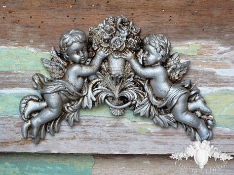 Aged Silver ~ Gorgeous Shabby Chic Cherub Furniture Applique Mouldings Ideal for frames, walls, headboards etc ~ £13.99 6" wide x 5" High  www.chicmouldings.com Shabby Chic Porch, Shabby Chic Background, Shabby Chic Office, Shabby Chic Chairs, Shabby Chic Nursery, Chic Sofa, Shabby Chic Mirror, Furniture Appliques, Wood Appliques