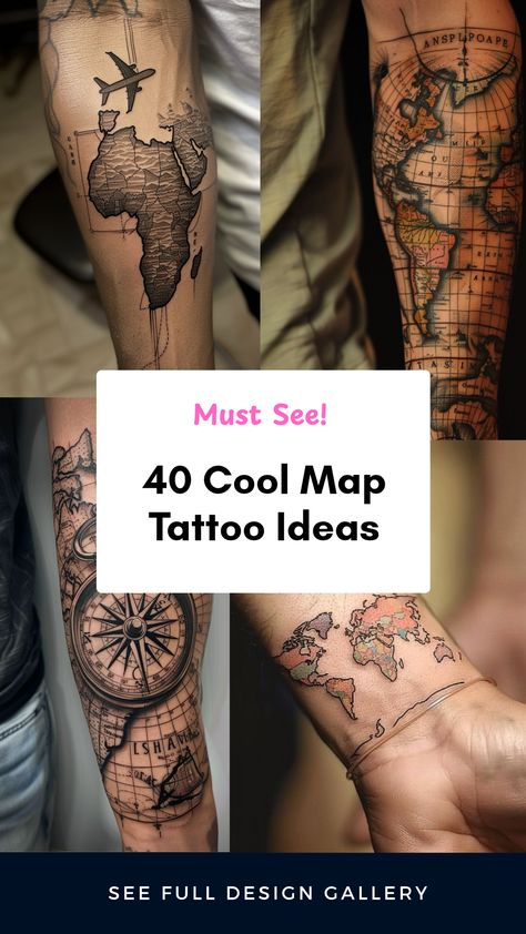 Explore these stunning map tattoo ideas featuring 40 unique designs including map sleeve tattoos and elegant world map bracelet tattoos. Perfect for travel enthusiasts! Centerpiece Tattoo, Coordinates Tattoo Placement, Captain Tattoo, Map Tattoo Ideas, Pirate Map Tattoo, Compass And Map Tattoo, Africa Tattoos, Praying Hands Tattoo, Map Tattoo