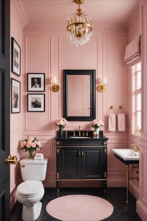 Pink And Black Bathroom, Pink Bathroom Decor, Pretty Bathrooms, Chic Bathrooms, Upstairs Bathrooms, Girls Bathroom, Pink Bathroom, Pink Houses, Pink Room