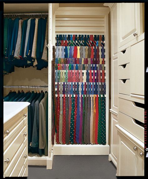 Dressing Closet Design - This Old House Suit Storage, Shelves Closet, Tie Organizer, Tie Storage, Organizer For Closet, Tie Hanger, Belt Storage, Diy Hanging Shelves, Tie Organization