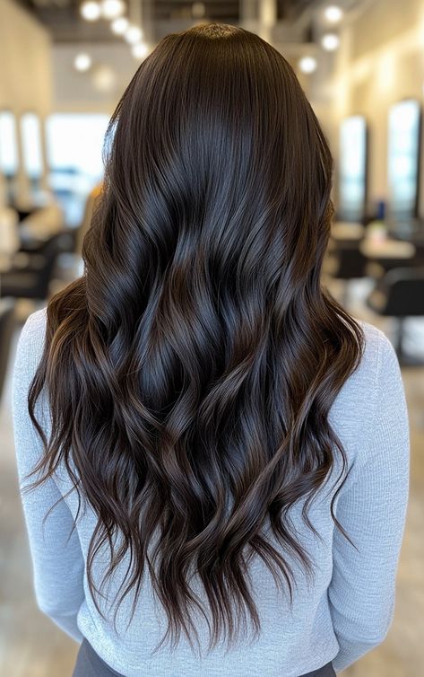 Espresso%20Hair%20Color%20Is%20Trending%20in%202024:%20Here%20Are%2016%20Amazing%20Ideas All Brunette Hair Color, Dark Brown Inspo Hair, Medium Brown Hair With Lowlights Dark, Dark Brown Hair Without Highlights, Espresso Ash Brown Hair, Darkest Brown Hair Color Dark, Long Dark Brown Hair With Dimension, Cool Dark Brunette Hair Color, Chocolate Brown All Over Hair Color