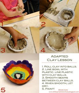 Adventures of an Art Teacher: Adapted Clay Lesson great lesson for adapting clay work for students with disabilities.  directions and pictures. Special Needs Art, Clay Projects For Kids, Clay Lesson, Kids Clay, Kids Pottery, Art Therapy Activities, Elementary Art Projects, Kindergarten Art, Art Lessons Elementary