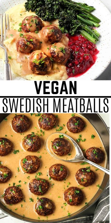 These delicious Vegan Swedish Meatballs are reminiscent of the classic IKEA version. They are made with a plant-based ground that is perfectly textured and seasoned with warm spices. Then they are smothered in a rich and creamy gravy that is the epitome of comfort. The whole family will love it! #veganhuggs #swedishmeatballs #veganmeatballs #IKEAmeatballs Plant Based Swedish Meatballs, Vegan Ikea Meatballs, Vegan Meatballs And Gravy, Vegan Swedish Meatballs Gravy, International Vegan Recipes, Vegan Meatball Soup, Comfort Food Vegan, Vegetarian Swedish Meatballs, Vegan Swedish Meatballs