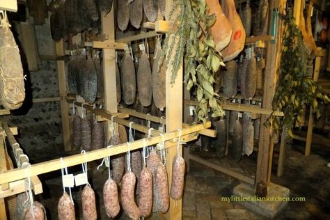 cool storage/meat cellar Meat Cellar, Meat Hanging Room, Ratt Out Of The Cellar, Root Cellar Refrigerator, Italian Dry Salami Recipes, Salami Chain, Harvest Kitchen, Farm Restaurant, Underground Shelter