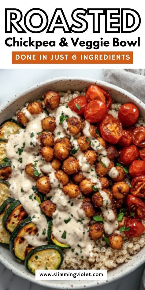 Need a plant-based dinner idea? This roasted chickpea and veggie bowl is full of crunch, color, and flavor. Save it for a simple, satisfying vegan meal! Roasted Chickpeas Dinner, Light Veggie Dinner Recipes, Clean Dinner Recipes Vegetarian, Veggie Bowl Dinner Ideas, Chickpea Veggie Bowl, Roasted Veggie Chickpea Bowl, Vegan Couscous Bowl, Easy Veggie Bowls, Veggie Based Dinner Ideas