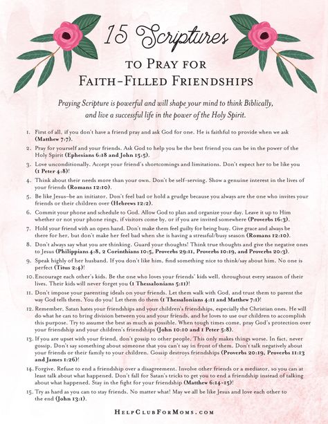 15 Scriptures for Faith-Filled Friendships – Printable! | Help Club for Moms Friendship Scripture, Prayer For Friendship, Verses About Friendship, Praying Scripture, Friendship Printables, Beautiful Scriptures, Prayer For Mothers, Inspirational Scripture Quotes, Prayer Bible