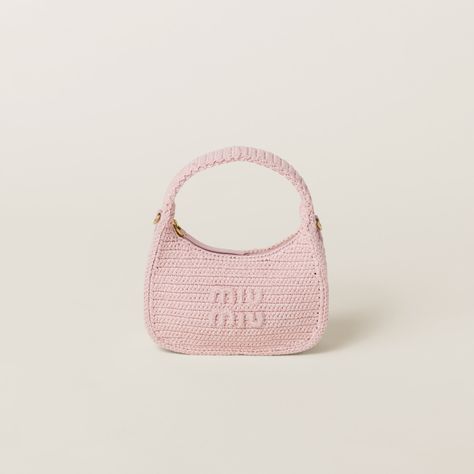 Alabaster Pink Wander Crochet Hobo Bag | Miu Miu Miu Miu Wander, Miu Miu Purse, Crochet Hobo Bag, Aesthetic Bags, Miu Miu Bag, Lettering Logo, Pretty Bags, Cute Purses, Crochet Handbags