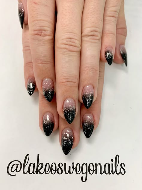 Nails To Match Black Dress And Red Shoes, Black Ombre Nails With Glitter, Black Ombre Nails Coffin Short, Almond Witch Nails, Black Ombre Nails Glitter, Black Sparkle Tip Nails, Witchy French Tip Nails, Simple Witchy Nails Almond, Short Witchy Nails Simple