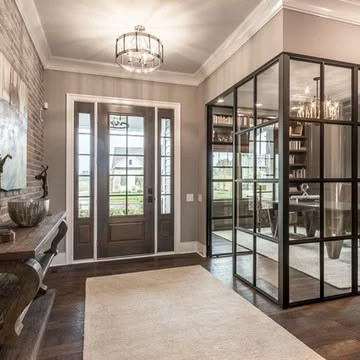 High Ceiling Home Office, Office With Glass Doors, Interior Glass Doors Ideas, Traditional Entryway Ideas, Benjamin Moore Pashmina, Cozy Home Office Ideas, Glass Home Office, Traditional Entryway, Cozy Living Room Ideas