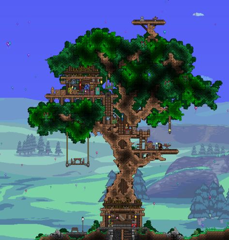 Terraria Tree Base, Terraria Tree House Ideas, Terraria Village Ideas, Terraria Tree House, Terraria Village, Giant Tree Minecraft, Giant Tree House, Big Tree House, Terraria Castle