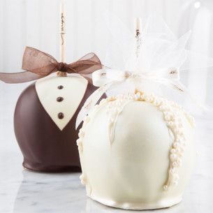 Bride & Groom Wedding Caramel Apple Pair w/ Belgian Chocolate Candy Apples Wedding Favors, Candy Apple Favors, Apple Wedding Favors, Chocolate Tuxedo, Caramel Apple Gifts, Dipped Apples, Dress Cookies, Covered Apples, Simple Wedding Favors