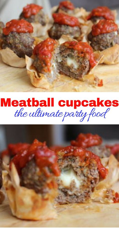 The meatball cupcakes will be the show stopper at your next dinner party! These melt in the middle meatballs are packed full of flavour, nestled in a filo pastry case and topped with a rich tomato sauce. Perfect finger food! Party Food | Meatball Recipe | Melt in the middle meatballs | Finger Food #meatballs #partyfood #meltinthemiddle Meatball Cupcakes, Party Food Meatballs, Pastry Case, Meatballs Recipes, Appetizer Party, Tiny Foods, Spaghetti Salad, Filo Pastry, Meatball Recipe