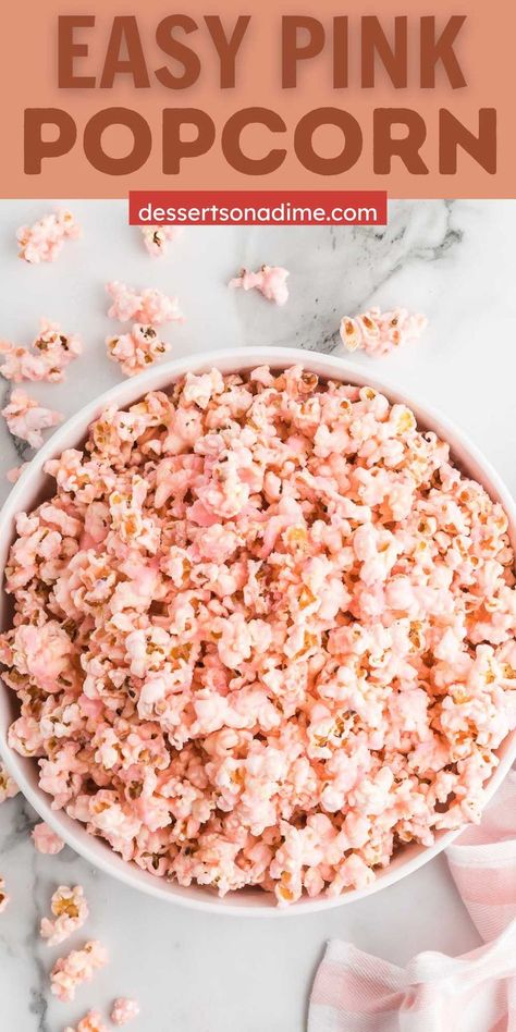 Pink Popcorn is a fun and delicious popcorn recipe. It is perfect for any occasion and the color can be changed to anything you like. This old fashioned popcorn recipe can be changed to any flavor or color that you want. Delicious and easy to make. #eatingonadime #pinkpopcorn #pink #popcorn Pink Popcorn Recipe, Flavored Popcorn Recipes, Popcorn Recipes Easy, How To Make Pink, How To Make Popcorn, Colored Popcorn, Perfect Popcorn, Pink Popcorn, Popcorn Recipe