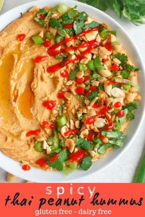 This easy recipe for Thai Peanut Hummus is a delicious take on the classic creamy snack but with a Thai twist. Peanut butter adds a smooth, rich taste while classic ingredients like tahini, chickpeas, and garlic take this homemade hummus to the next level ! Completely gluten free and dairy free. #food #recipe #hummus #chickpeas #healthy #tahini Thai Peanut Hummus, Tahini Chickpeas, Peanut Hummus, Tahini Butter, Gluten Free Hummus, Easy Hummus Recipe, Sweet Potato Hummus, Hummus Recipe Homemade, Thai Peanut